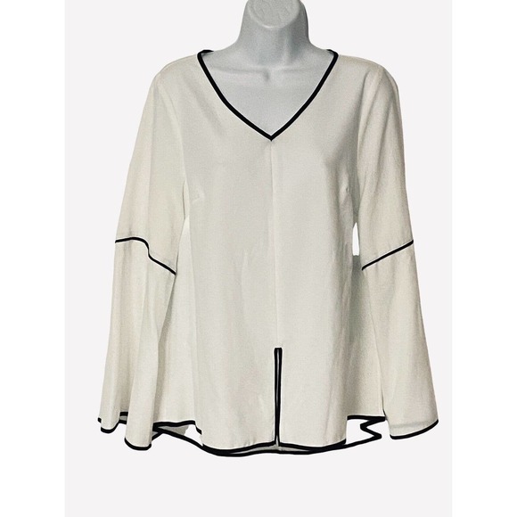 Monroe & Main Ivory Piped Blouse Split Hem Tunic V-Neck Office Career Casual Top - Picture 2 of 12